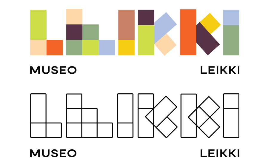 Mustavalkoinen ja värillinen Museo Leikki -logo.